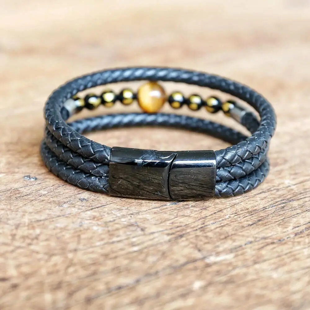 Natural Tiger Eye Stone Mantra Woven Leather Stainless Steel Men's Leather Bracelet Three-layer Design DIY Men Bracelet Jewelry