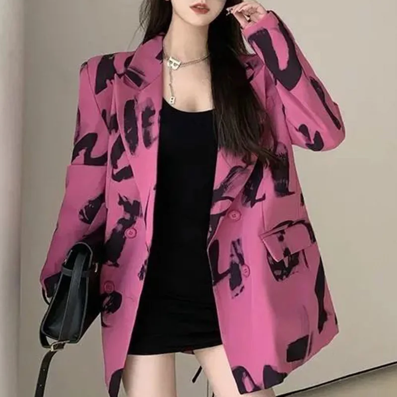 Fashion Lapel Spliced Pockets Printed Casual Blazer Female Clothing 2023 Autumn New Korean Tops Loose Commute Blazers