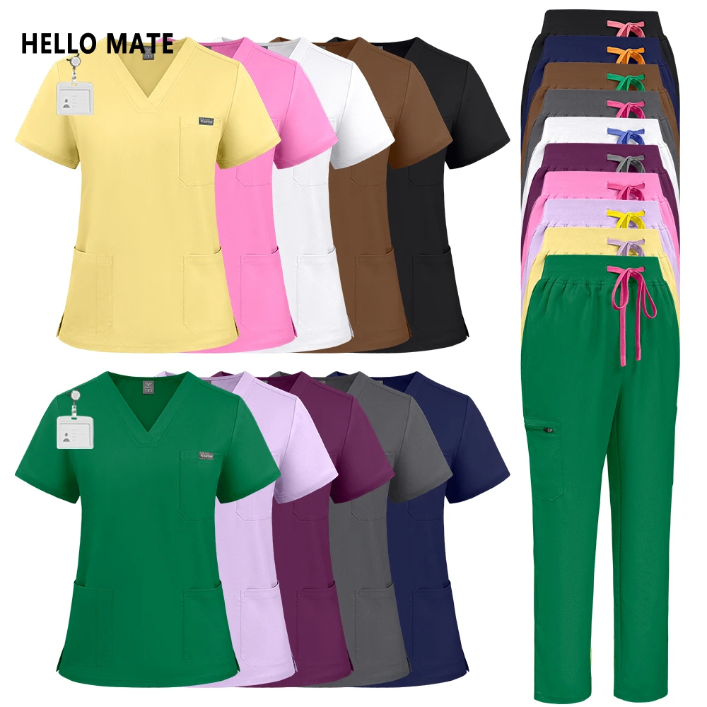 伸縮性のある手術服女性高品質ナースワークトップストレートパンツメンズスクラブセット歯科医作業服ドクター看護スーツ