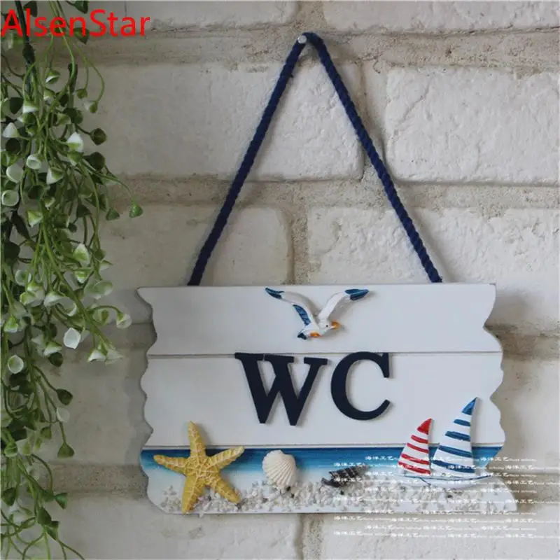Mediterranean Ocean Style Hanging Sign Board, Creative Wooden Toilet Door Decoration, Bar, Coffee Shop, Home