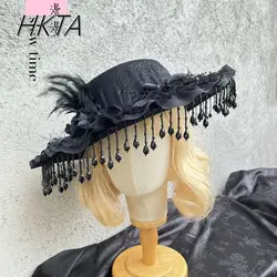 Original Lolita Gothic Lolita Girls Dark Black Handmade Y2k Hat Women Tassel Bead Pendant Lace Rose Feather Hair Accessories Hat
