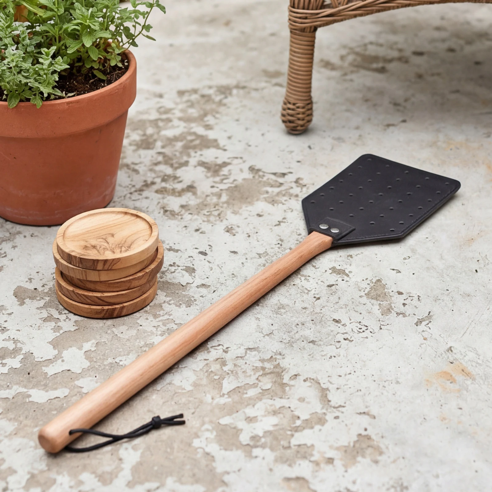 Sturdy Leather Fly Swatters with Hanging Rope Long Handle Heavy Duty Wood Fly Swatter for Repel Swatter Flies Mosquitoes Bees