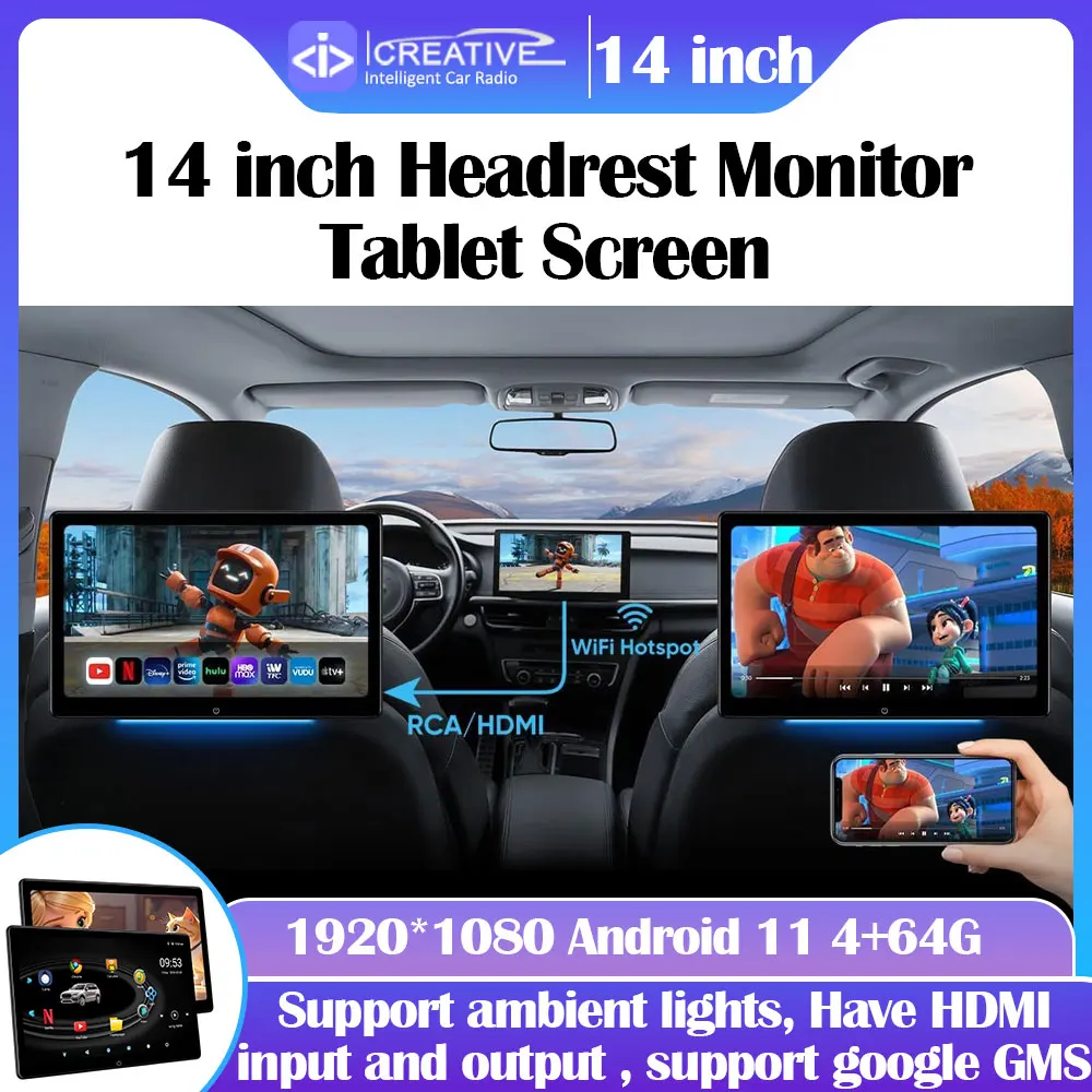14 inch Android 11 4+64G Headrest Monitor Tablet Screen for Rear Seat 4K Support Netflix/YouTube HDMI With ambient lights HDMI