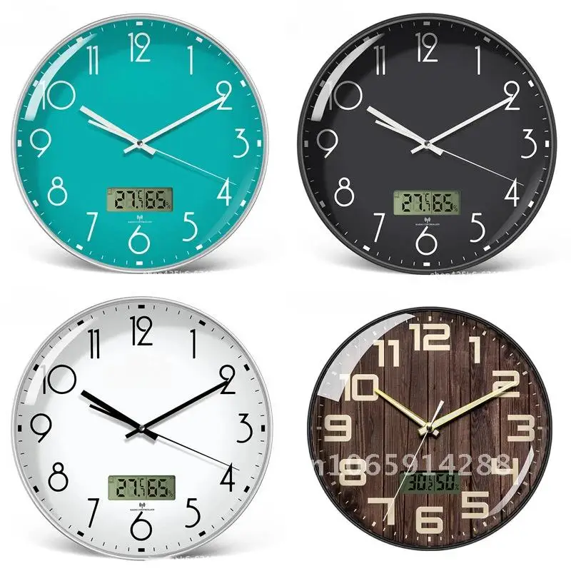 12'' Nordic Minimalist Living Room Clock with Temperature Screen, Wall Hanging and Silent Quartz LCD Clock Display Humidity