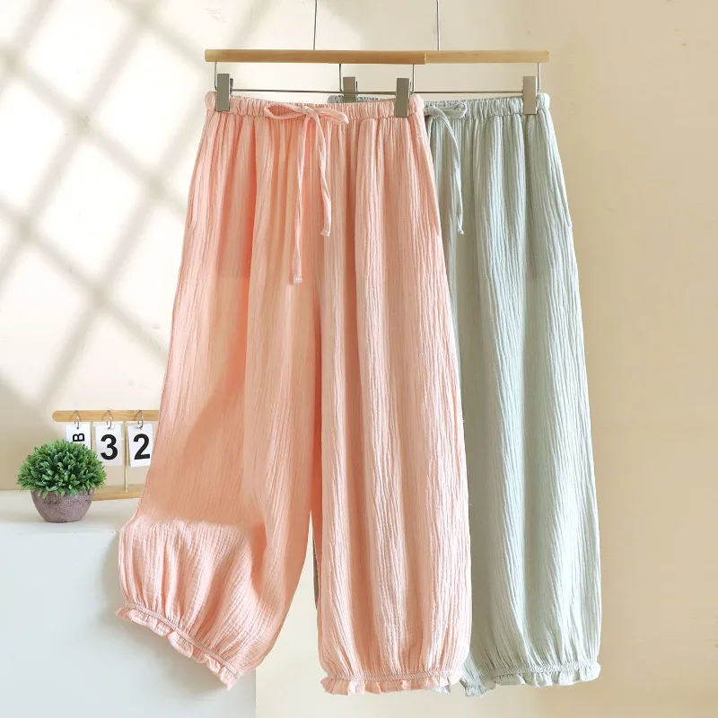 

2025 New Spring and Autumn Women's Sleeper Pants 100% Cotton Crepe Lantern Pants Loose Straight Tube Home Long Pants Lady