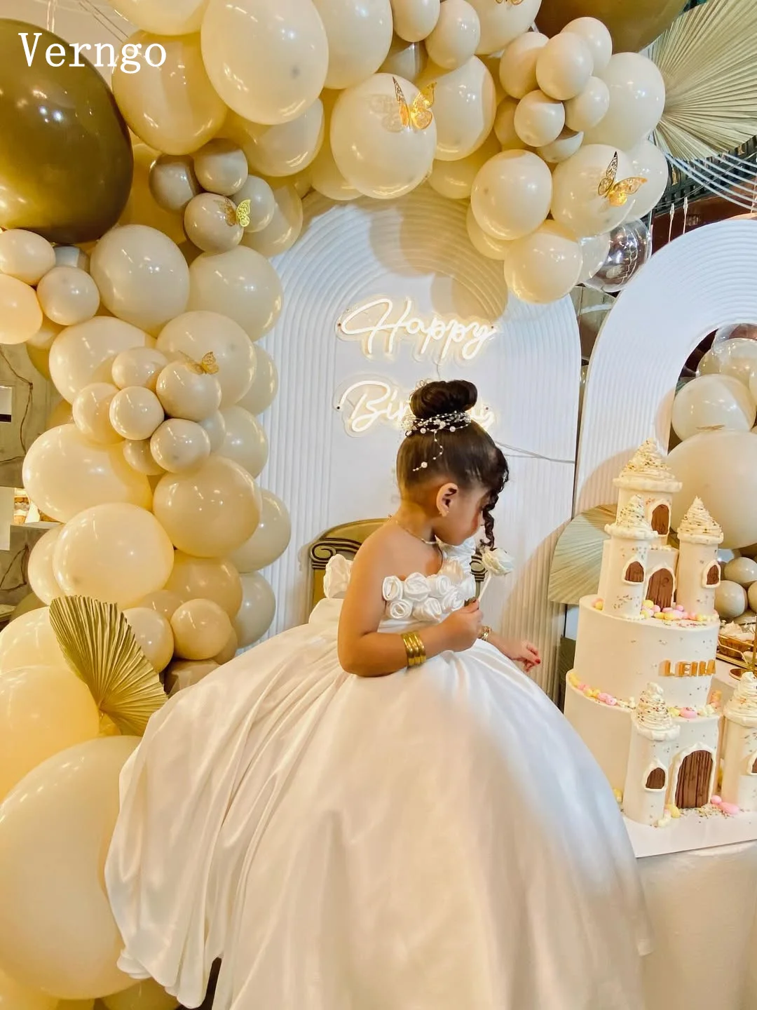 Verngo Elfenbein Satin Prinzessin Mädchen Blumen Kleid Schulterfrei Kindergeburtstag Partykleid Elegantes Promi-Kleid Maßgeschneidert