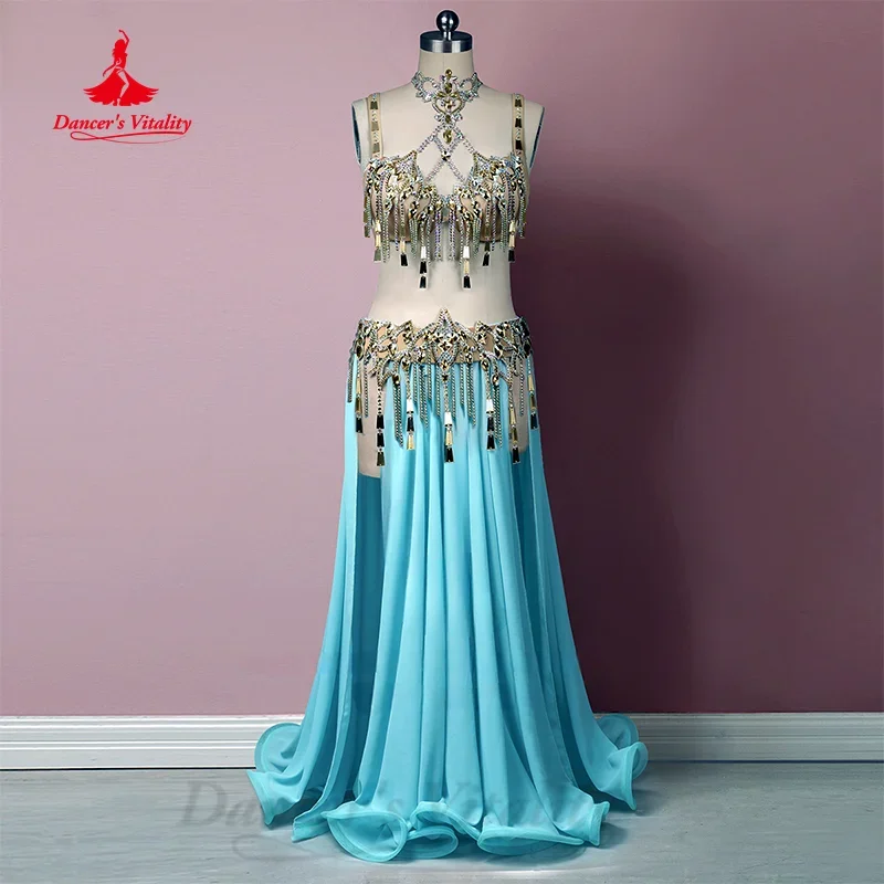 

Bellydance Clothing Set Customized Luxury AB Stones Bra+ Sequin Tassel Split Long Skirt 2pcs Oriental Dance Performance Costumes