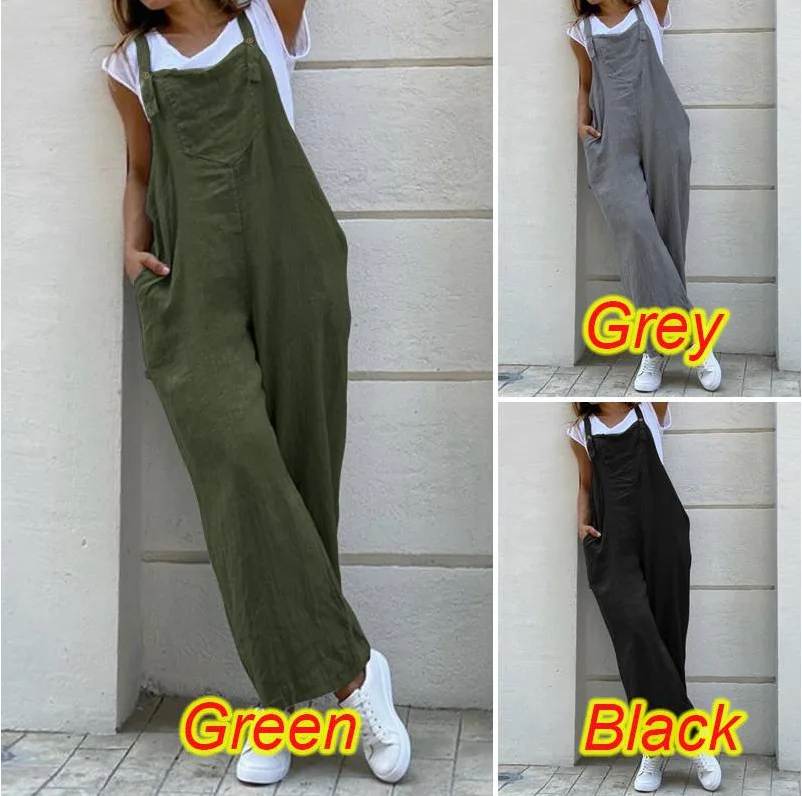 Jumpsuit katun Linen wanita musim panas mode tanpa lengan kaki lebar Romper panjang Solid kasual nyaman Playsuit kasual