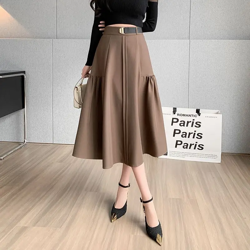 

Spring and Autumn Women's Solid Color Loose High Waist Pleated A-Line Irregular Folds Sashes Fashion Casual Korean Skirt