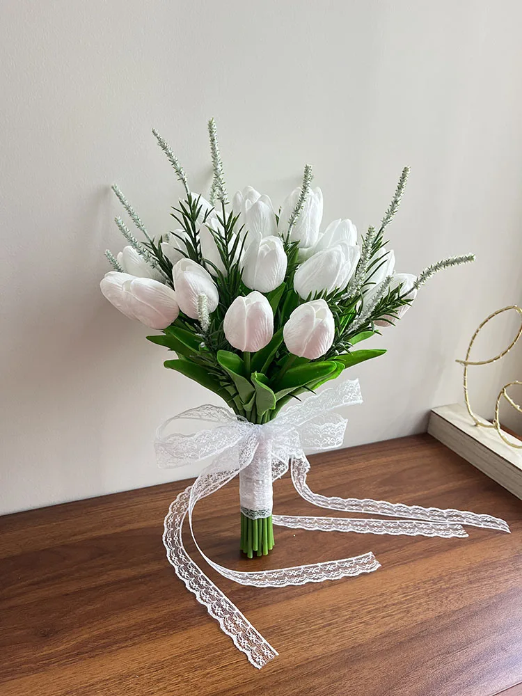 Artificial Branco Nupcial Bouquet, Flores Do Casamento Acessórios, Toque Real, Faux Bride Bouquets, Centerpieces, Decoração De Mesa De Festa, Tulipas
