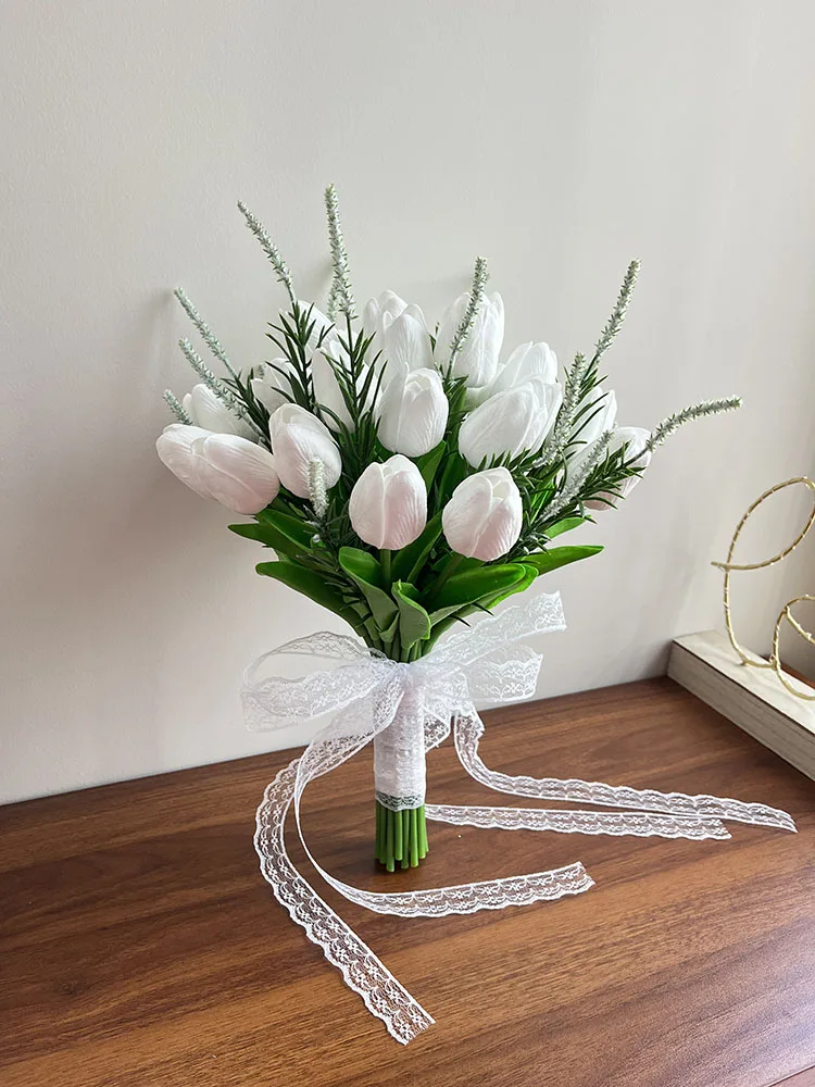 White Bridal Bouquet Wedding Flowers Accessories Tulips Artificial Real Touch Faux Bride Bouquets Centerpieces Party Table Decor