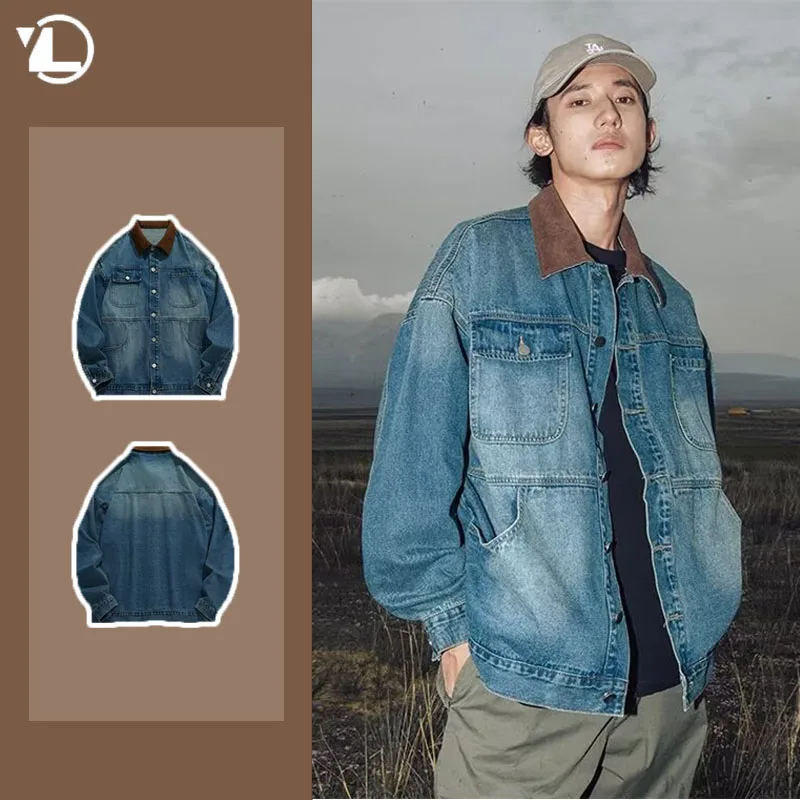 

Outdoors Casual Mens Denim Jacket Vintage Washed Multiple Pockets Cowboy Coats Y2k Patchwork Lapel Collar Blue Jean Outwear