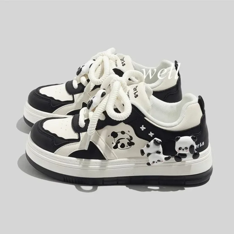 Kawaii Women Sports Shoes Panda Platform Sneakers Black White Cute Flats Lolita Footwear Tennis Female Casual Vintage Vulcanize