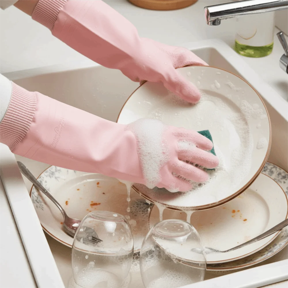 

Waterproof Dishwashing Gloves Warm Fleece Thickened Laundry Gloves Threaded Sleeve Cuff Tear-resistant Cleaning Gloves