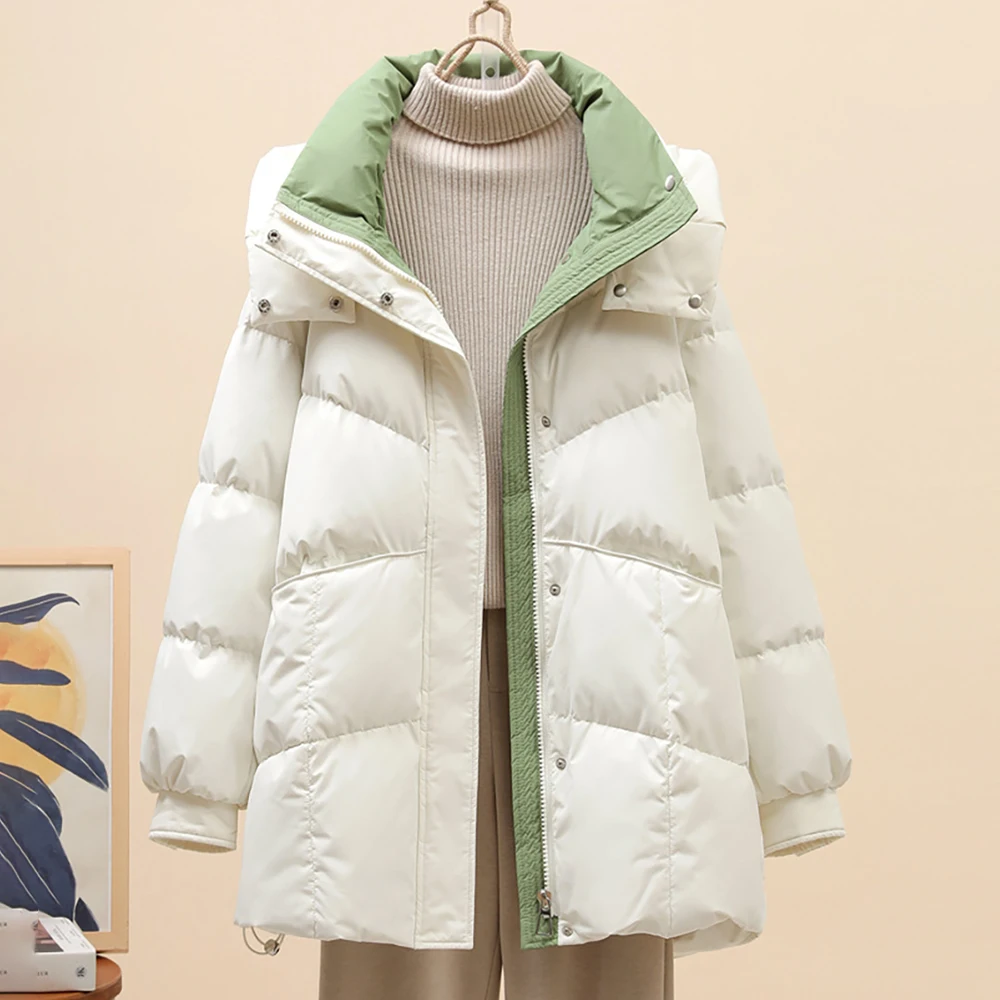 

Winter 2025 New Women Cotton Coats Fashion Contrast Color Thick Warm Down Cotton Jackets Lady Hooded Overcoats Parkas