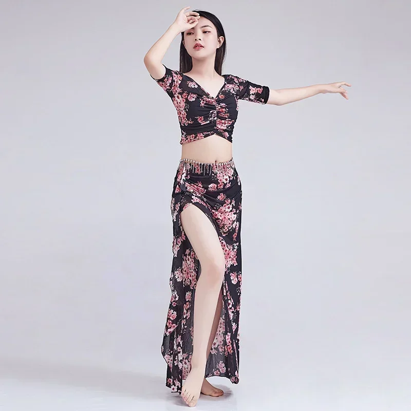 Belly Dance Practice Clothes Long Skirt Suit Luxury Floral Printing Performance Carnaval Costumes Sexy Woman Modern Dance2024