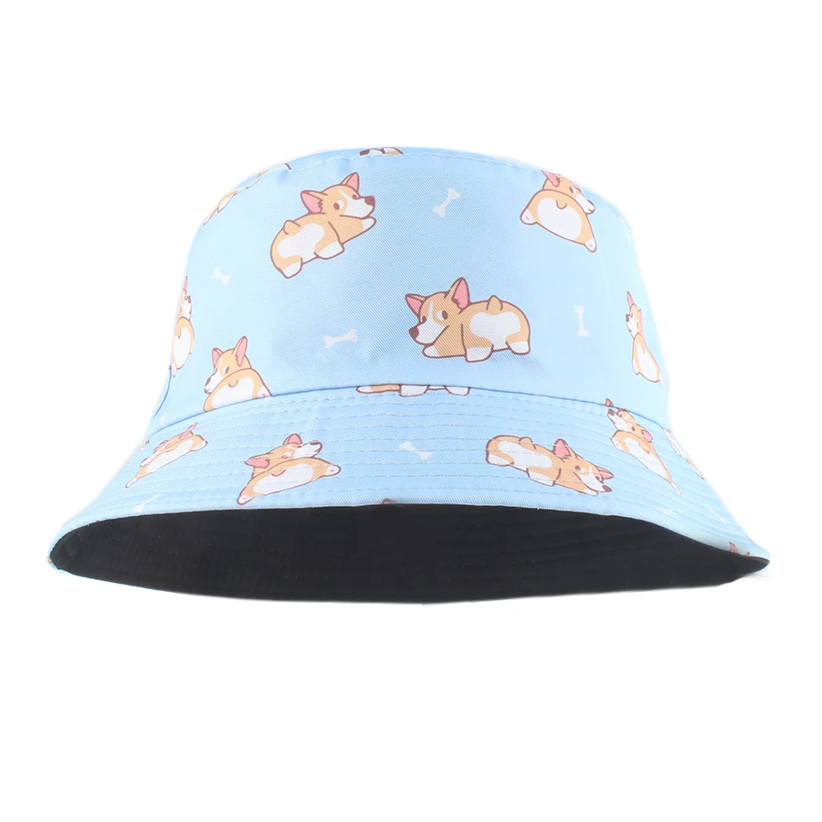 2024 New Panama Bucket Hats Cute Animal Monkey Corgi Print Fisherman Hat Summer Sun Hats For Women Men Reversible Fishing Cap