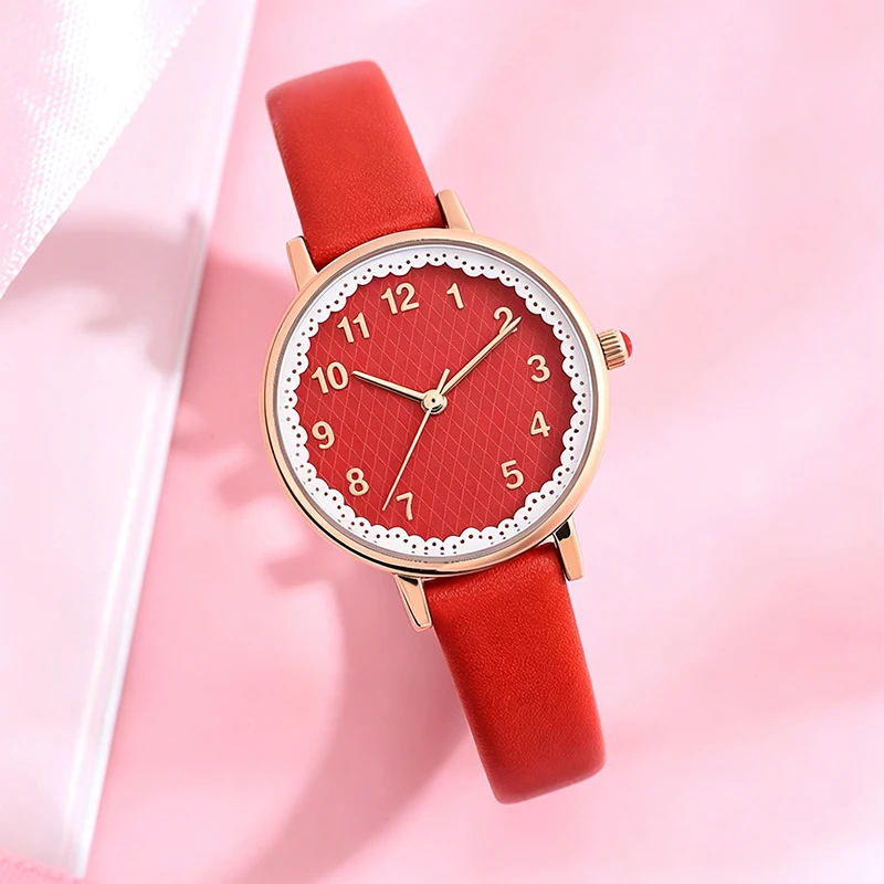 FIDI Women Quartz Watch Lace Dial Red PU Leather Strap 30MM Small Dial Japanese 2035 Movement 30M Waterproof Ladies Reloj Mujer