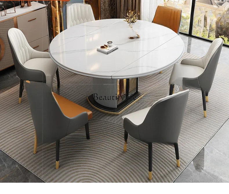 

Light luxury rock slab dining table simple telescopic variable round folding storage household small apartment