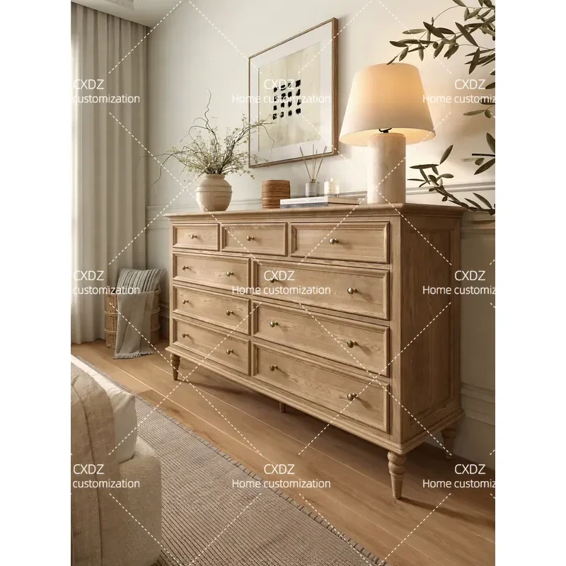 natural wind solid wood nine chest, bedroom, bedside cabinet, storage, southern French log Tuscan furniture