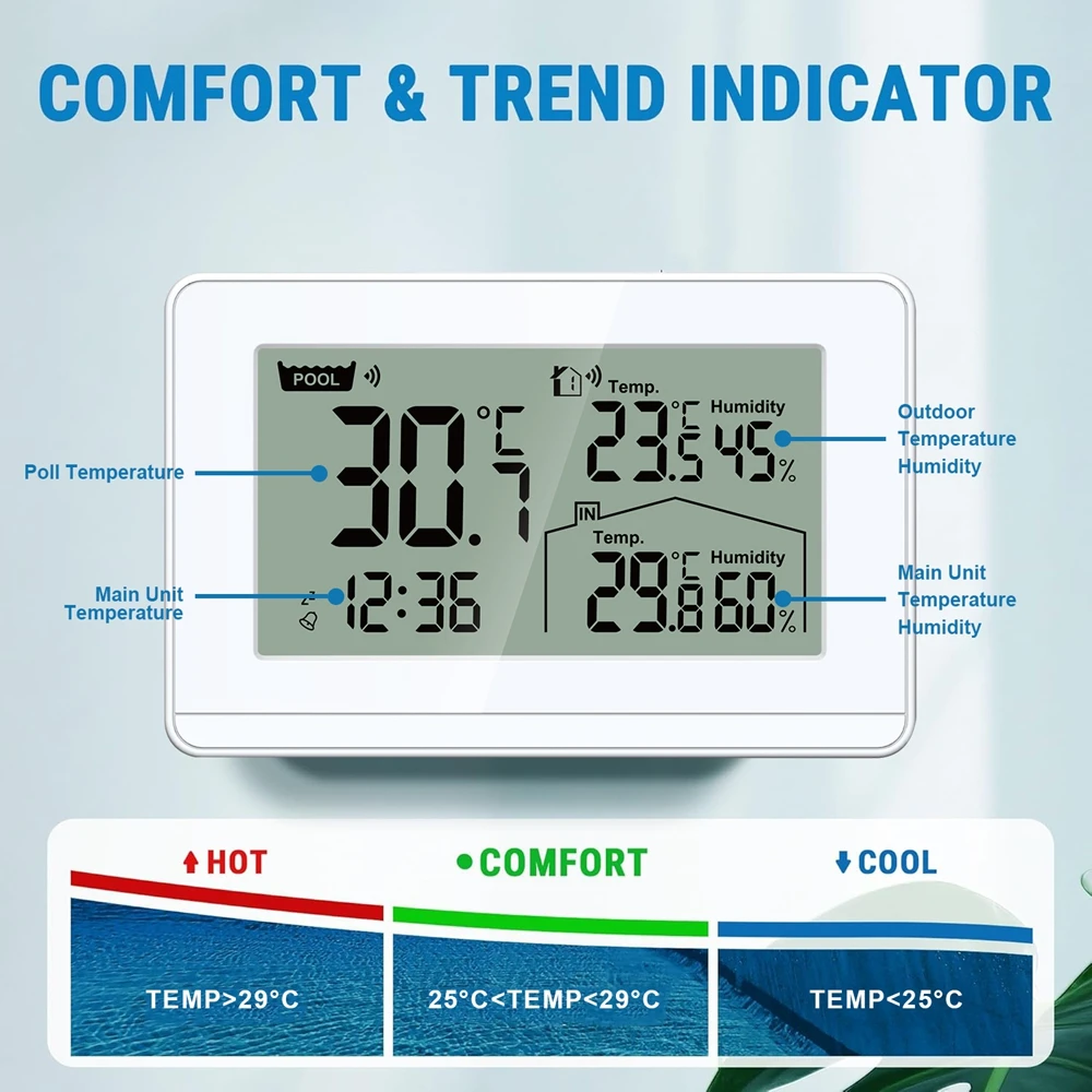 Wireless Digital Pool Thermometer Smart Temperature Humidity Monitor Alarm Clock Water Temperature Sensor For Home Swimming Pool