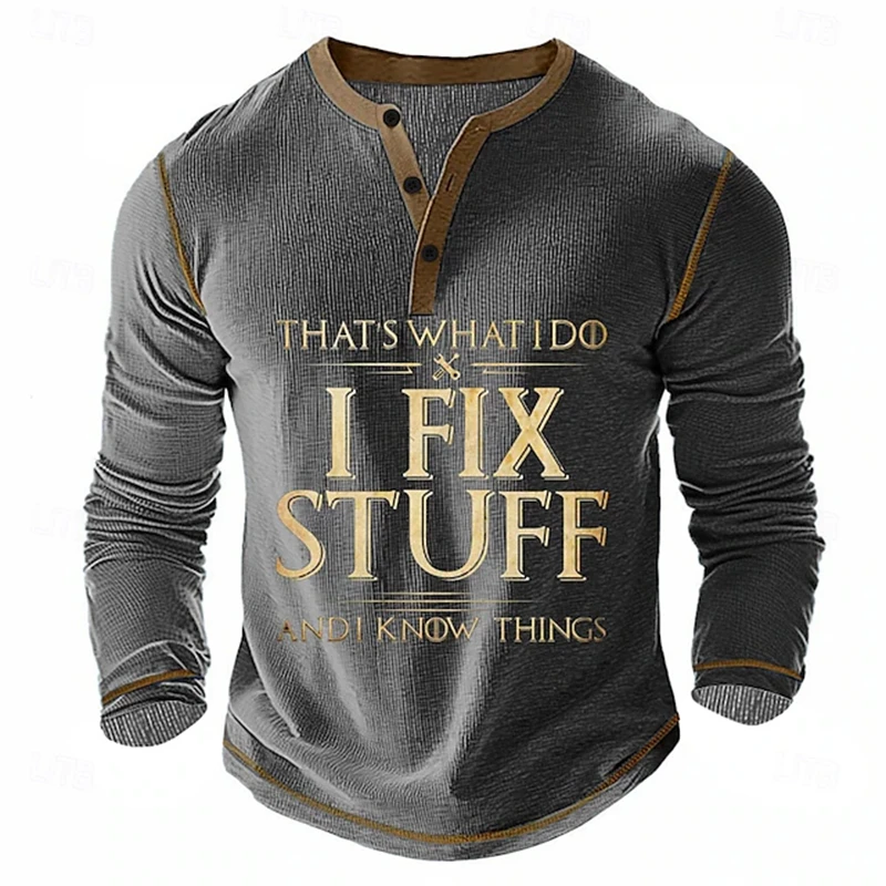 New New Fall Men's Casual Henley T-Shirt Fun Lettering And Slogan Print Long-Sleeve Everyday Button-Down Waffle-Weave Top - Aliexpress Deal