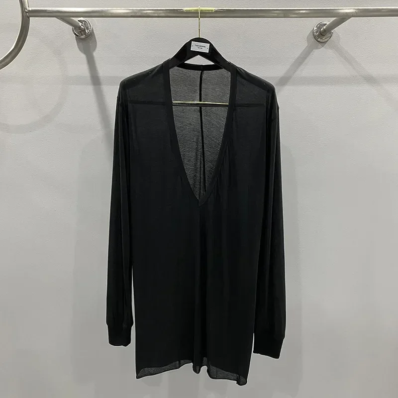 

Мужская футболка с длинным рукавом, черная однотонная рубашка с v-образным вырезом из тонкой ткани, трикотажный базовый слой, топ для мужчин