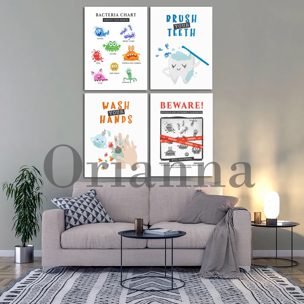 Bacteria Awareness For Kid Wash Brush Your Teeth Fun Educational Wall Art Canvas Prints Posters Bathroom Toilet Decor Painting