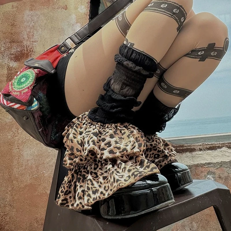 

Y2K Sexy Leopard Print Layer Leg Warmers Y2k Lace Leg Cover Lolita Gothic Stockings Japanese Leg Sock Accessories