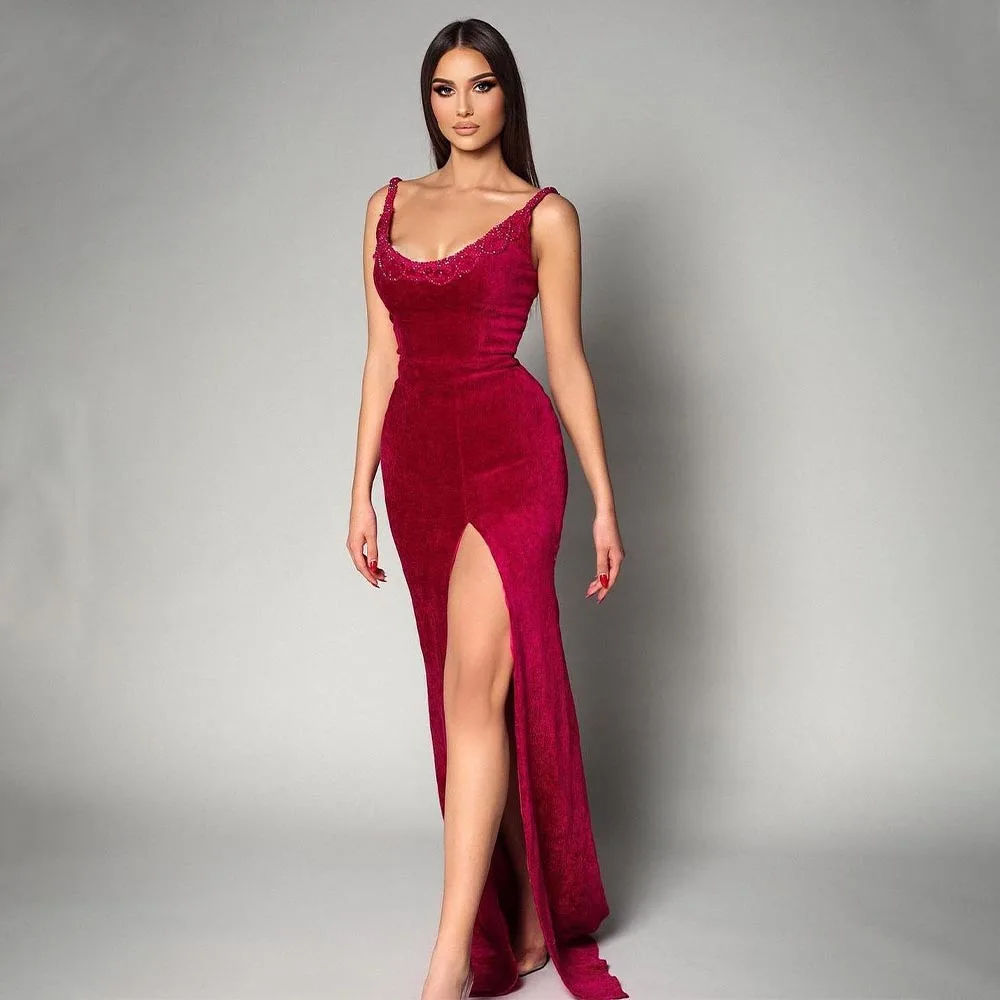 

Burgundy Evening Dresses for Women 2023 Beading Scoop Mermaid Evening Party Gown Long Sleeveless Side High Slit Sexy Prom Dress