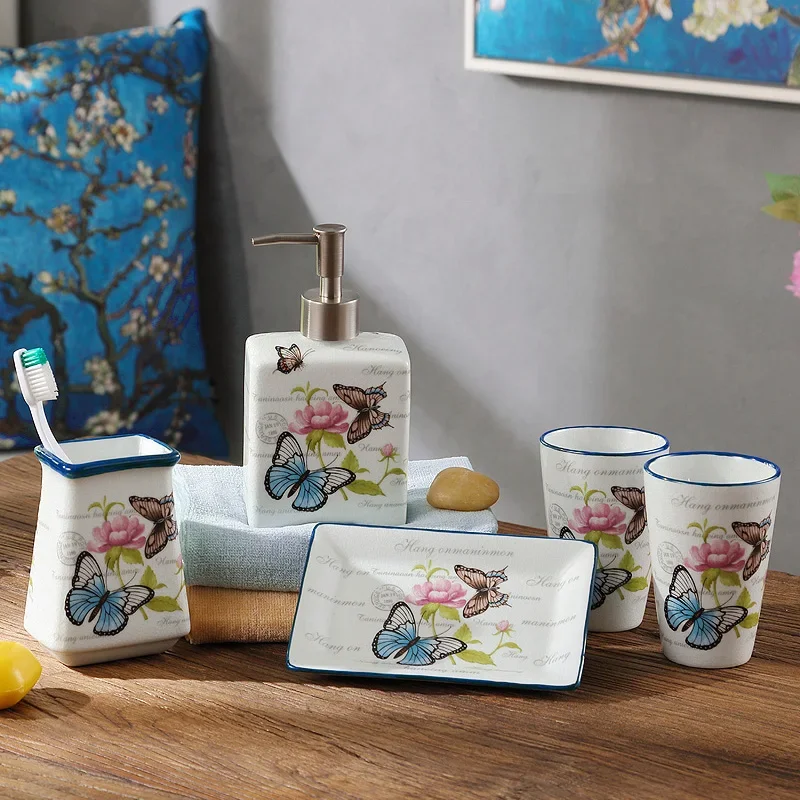 European Style Pattern Ceramic Five-piece Set Wash Kit Soap Dispenser and Mouthwash Cup Bathroom Accessories