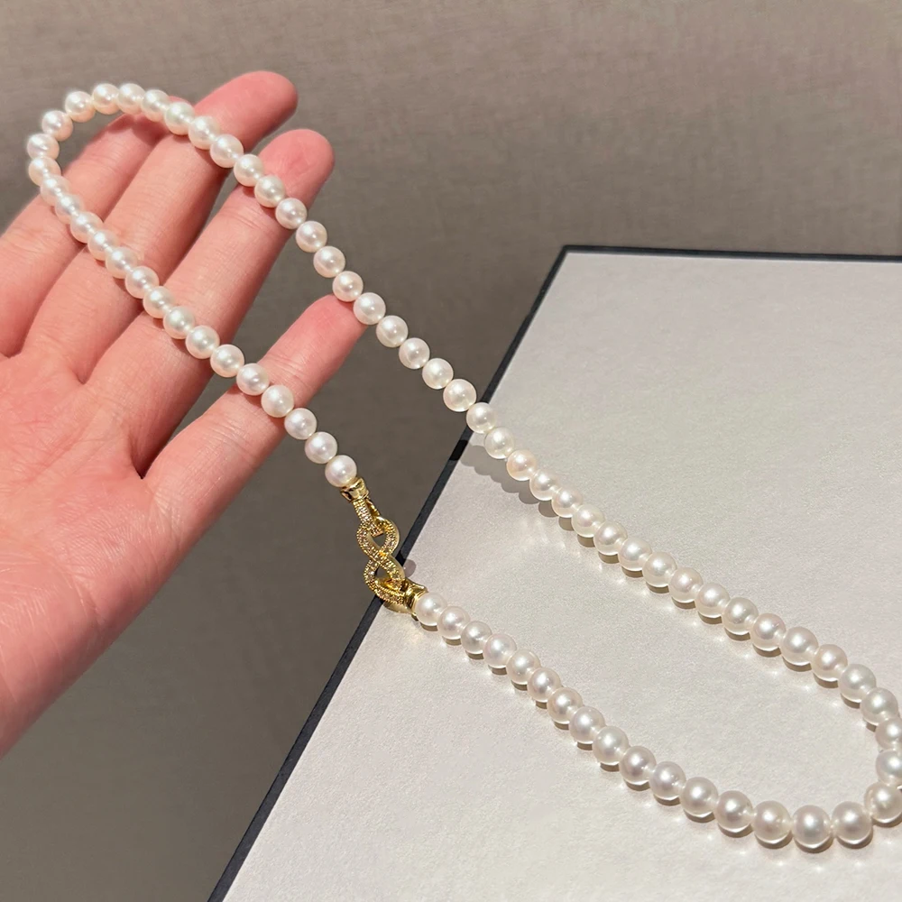 

Natural Pearl Necklace Collarbone Chain with 5–6mm High Quality Real Freshwater Pearls and 14K Gold Filled Eight-character Clasp
