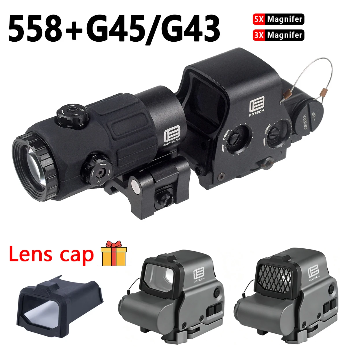 Tactical EOTECH 558 551 Red Green Dot Holographic Collimator Sight Scope with Lens/Mesh Cap G33 G43 G45 3X 5X Magnifier Scope