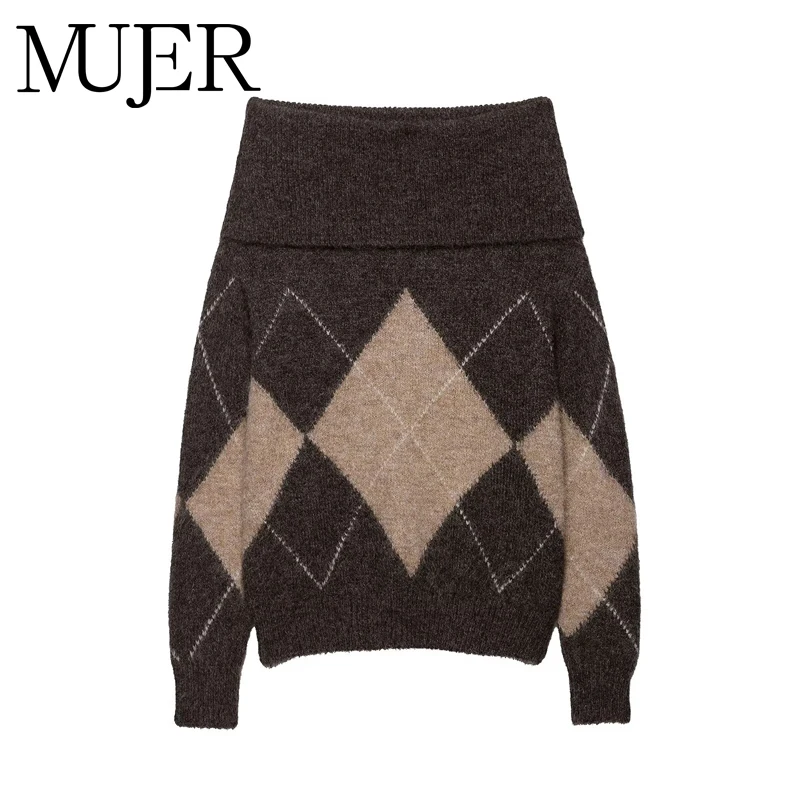 MUJER Argyle لاعبا بلوزات نسائية بدون أكتاف مقصوصة للنساء بلوفرات عتيقة للخريف ملابس تريكو سترة نسائية قمصان