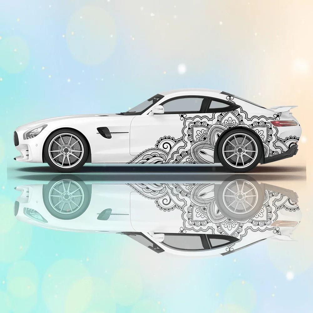 2pcs Line Mandala Flower Car Side Wraps, Self-Adhesive PVC Waterproof & Scratch-Resistant Stickers, Car Accessory Gift view 3
