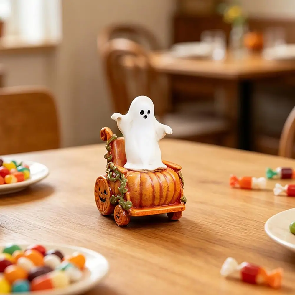 Halloween Resin Ornament Compact Home Seasonal Accent Ghost Pumpkin Cart Figurine Halloween Resin Ghost Statue Retro for Home
