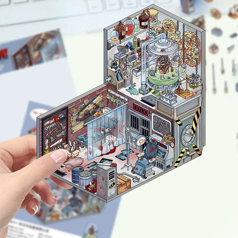 3D Landscape Stereoscopic House Miniature Scene Cute PET Stickers Unzipped Immersive Horror Lab Handmade DIY Stickers