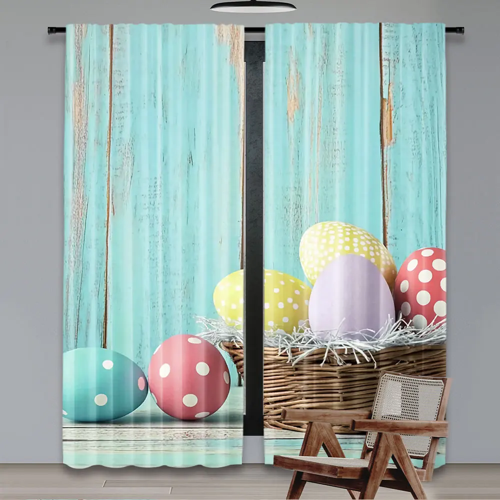 2Pcs Easter Blue Wooden Floor Watercolor Eggs Photography For Bar Bedroom And Living Room Decoration Party Shower Room Curtains