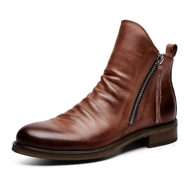 Men's Boots Double Zipper Non Slip Soles Men's Chelsea Boots Men's Leather Boots Big Size 39-48