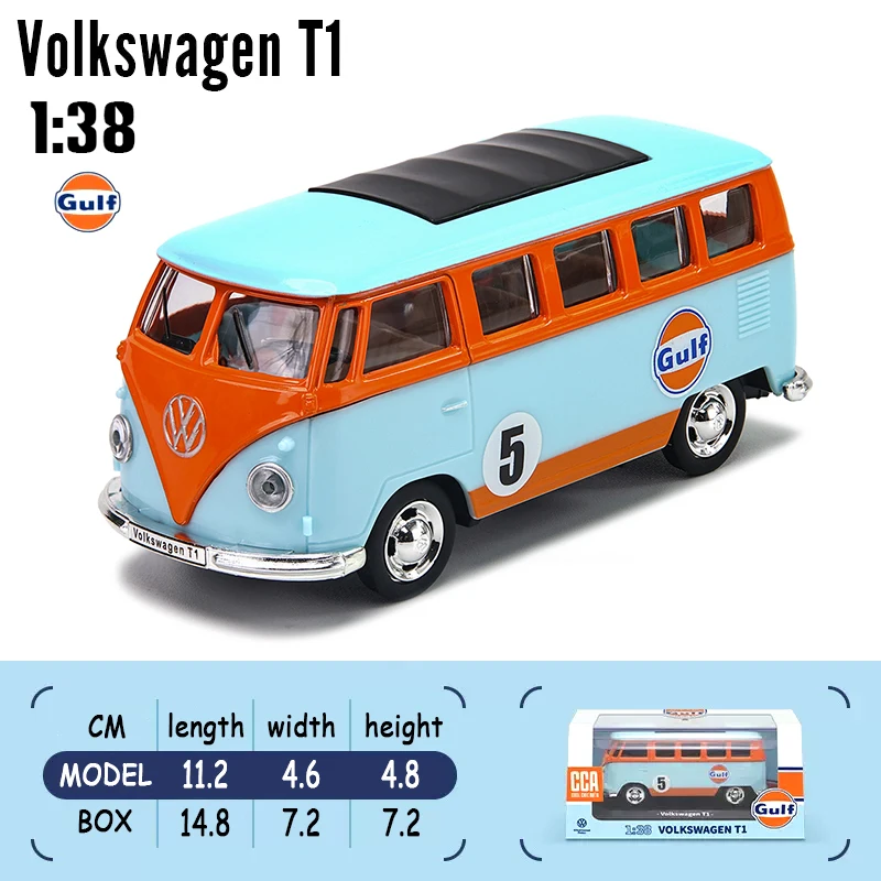 CCA 1:38 Gulf Gas Station Series Volkswagen T1 Car Model With Helmet Acrylic Box Alloy Car Toy Gift for Boys