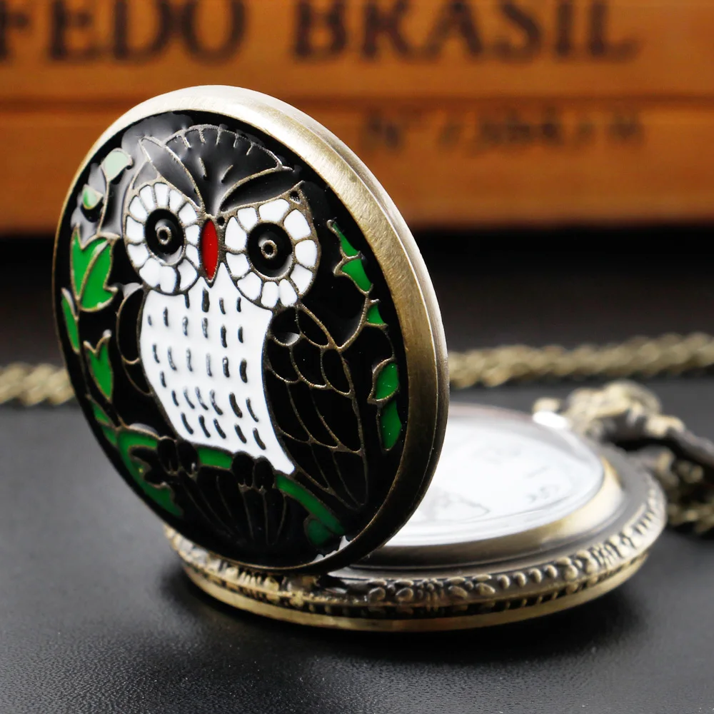 Retro Drop Glue Owl Design Quartz Necklace Pocket Watch Arabic Numerals Dial Antique Full Hunter Pendant Unisex Gifts