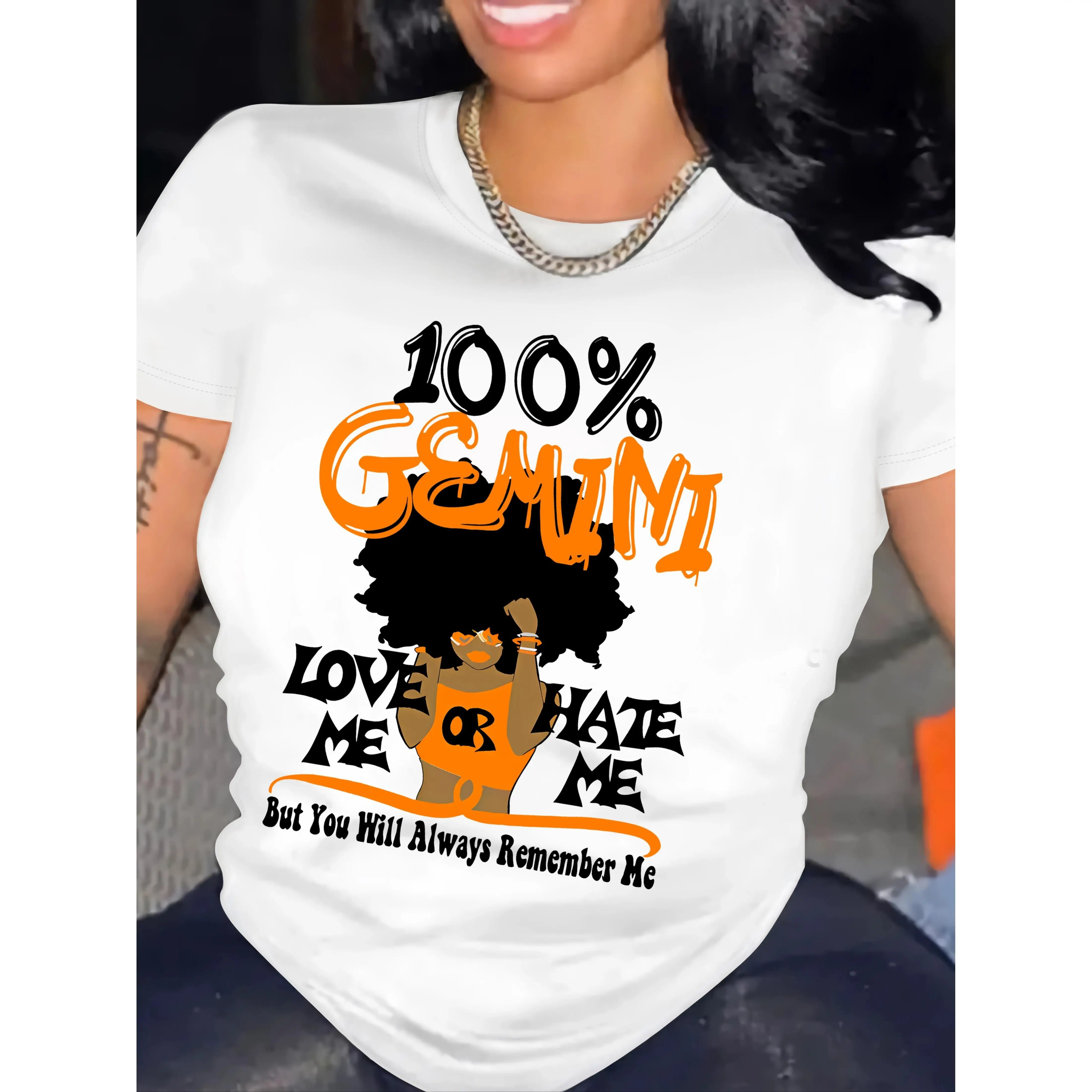 

100% Gemini Graphic Tee - Women'S Casual Round Neck T-Shirt with Bold "Love Me" & "Hate Me" Design, Short Sleeve, White, Spring