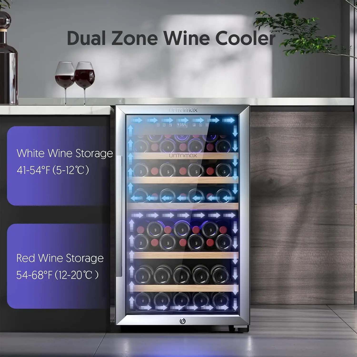 Dual Zone Wine Fridge with Lock, Wine Cooler, Geladeira, Independente, Controle de Temperatura Digital, Bordeaux, 52 Garrafas, 750ml, 41F-68F