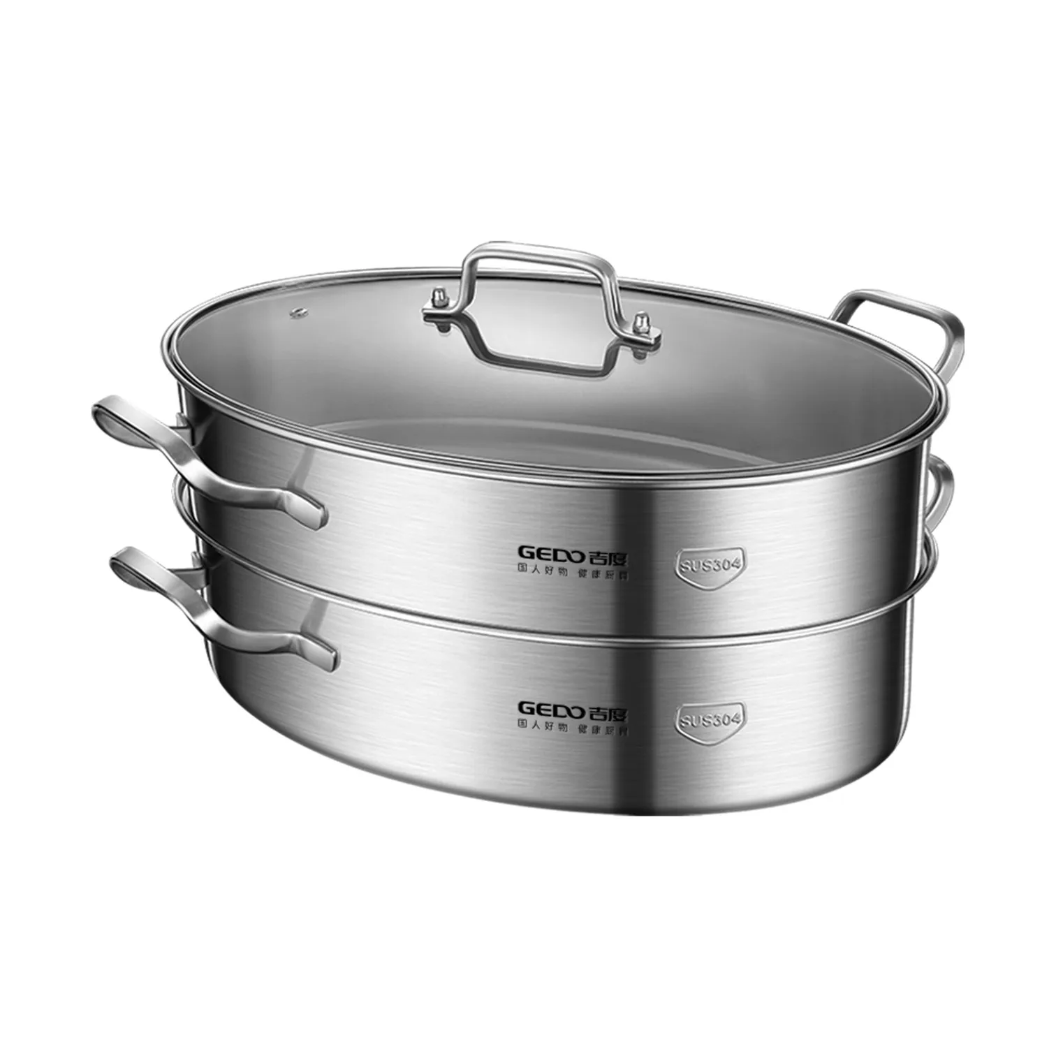 LFGB Certified Pure 304 Stainless Steel Fish Poacher Ultra Thick Oval Stockpot 2 Layer Steaming Pot with Tempered Glass Cover