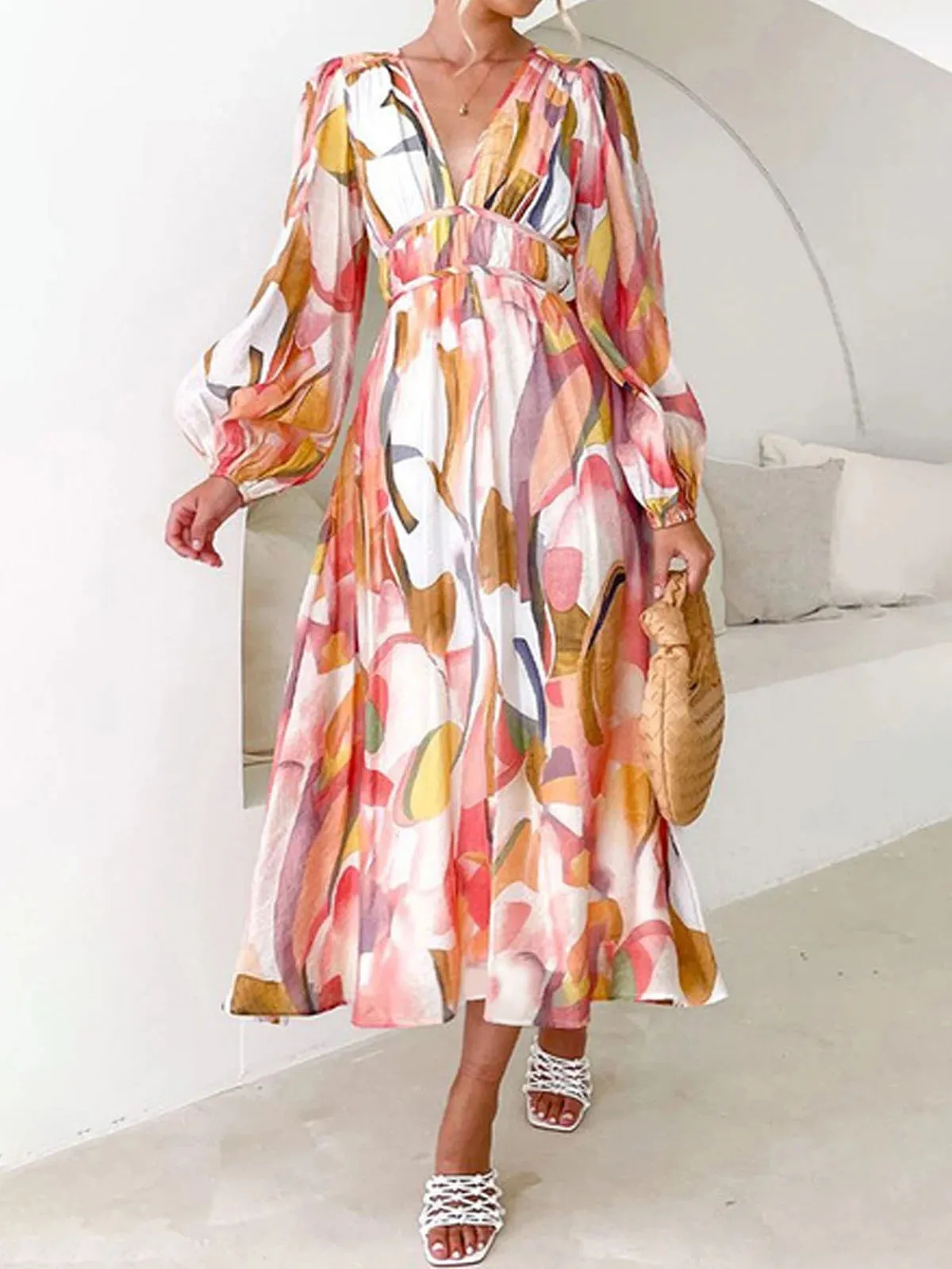 Bunte Kleider für Damen, Frühling und Sommer, abstrakter Kunstdruck, tiefer V-Ausschnitt, Puffärmel, gesmokte Taille, Midi-Urlaubskleid