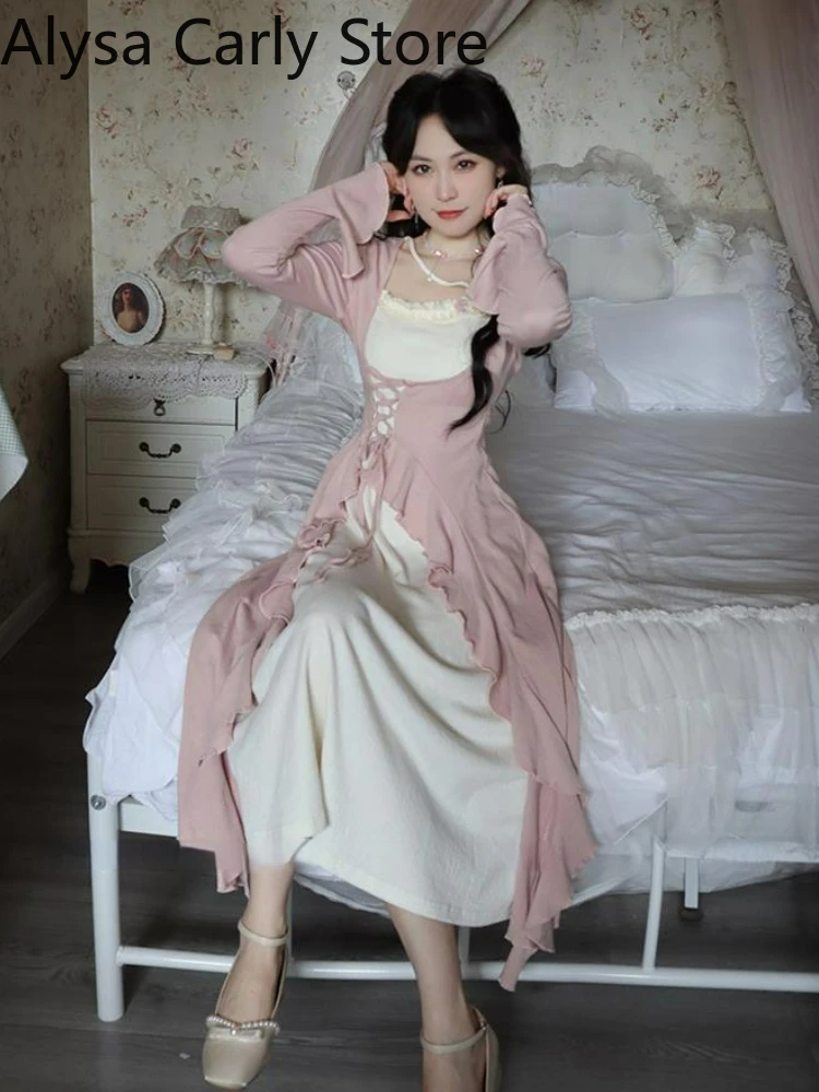 2022 Autumn Sweet Vintage Knitting Dress Women Ruffles Designer Korean Party Midi Dress Female Flare Sleeve Kawaii Elegant Dress