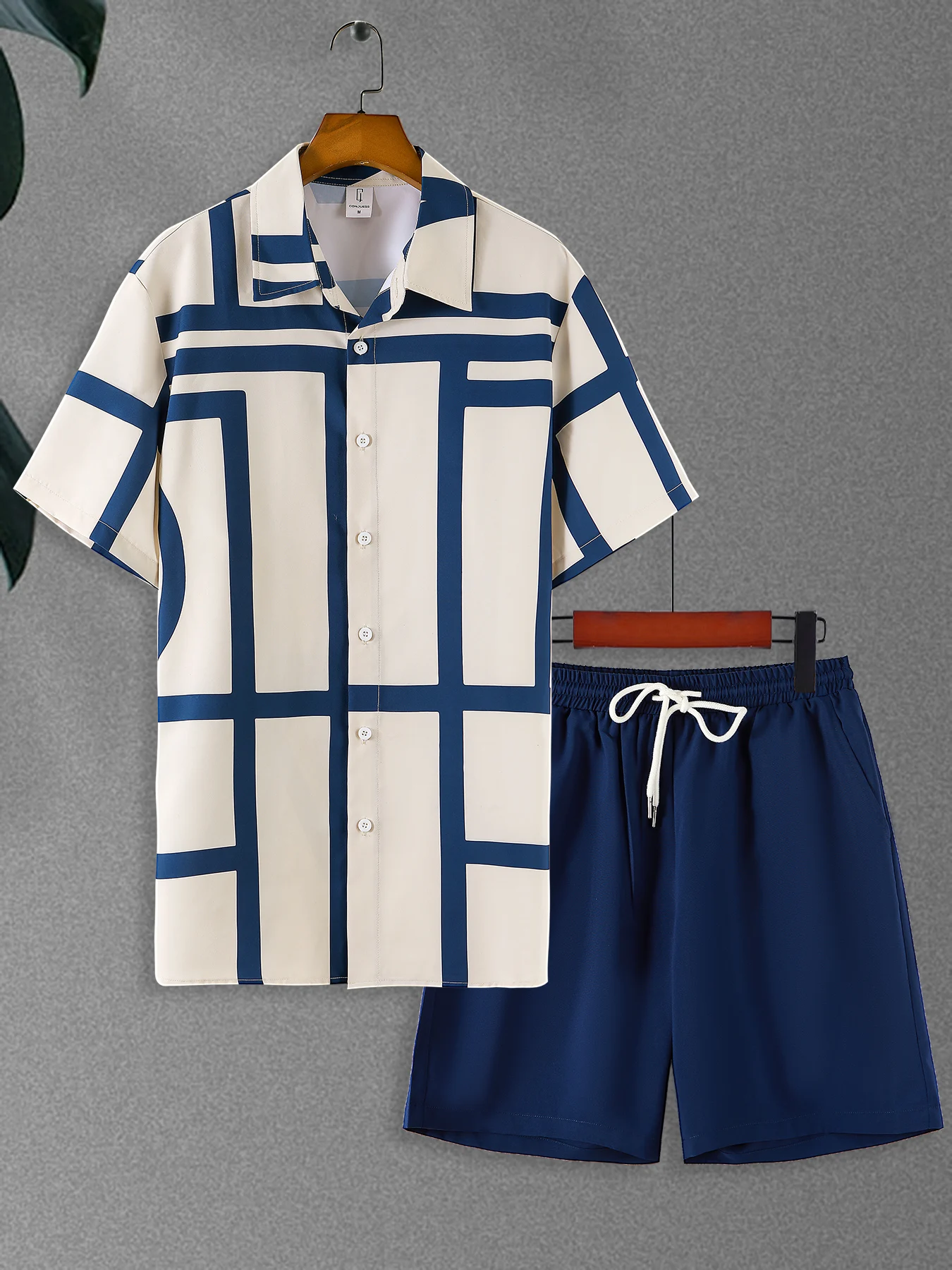Men's Summer Casual Set, Abstract Geometric Line Print Button Down Shirt & Elastic Waist Shorts