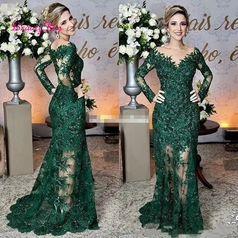 Charming Green Mermaid Lace Mother of the Bride Dresses Long Sleeve Wedding Guest Gowns Jewel Neck Beaded vestido de madrinha