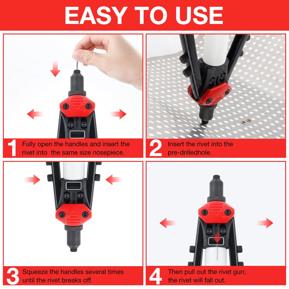 Professional Rivet Gun Kit, For Riveting 2.4mm, 3.2mm, 4.0mm, 4.8mm, 6.4mm Rivet, 250pcs Rivets Optional, Home Manual Rivet Tool