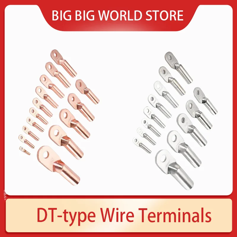 

DT Series Copper Tube Crimp Wire Terminals DT-10/16/25/35/50 Bare Bolt Hole Nose LUG Cable Connector